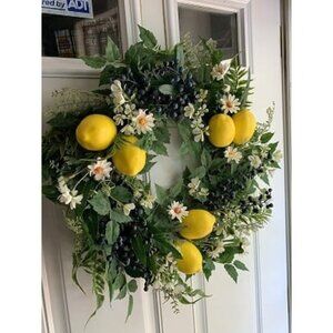 New 18 Inch Spring Wreath for Front Door with Artificial Lemons Blueberry